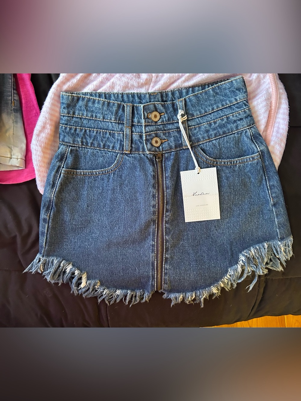 KanCan Blue High-Waist Zipper Denim Mini Skirt with Frayed Hem
